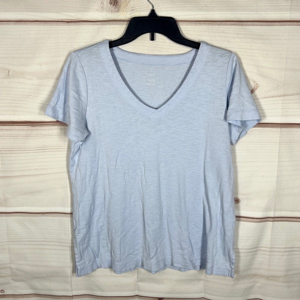 J.Jill Pima Slub-Knit V-Neck T-Shirt Womens S Blue Solid Short Sleeve Top Basic